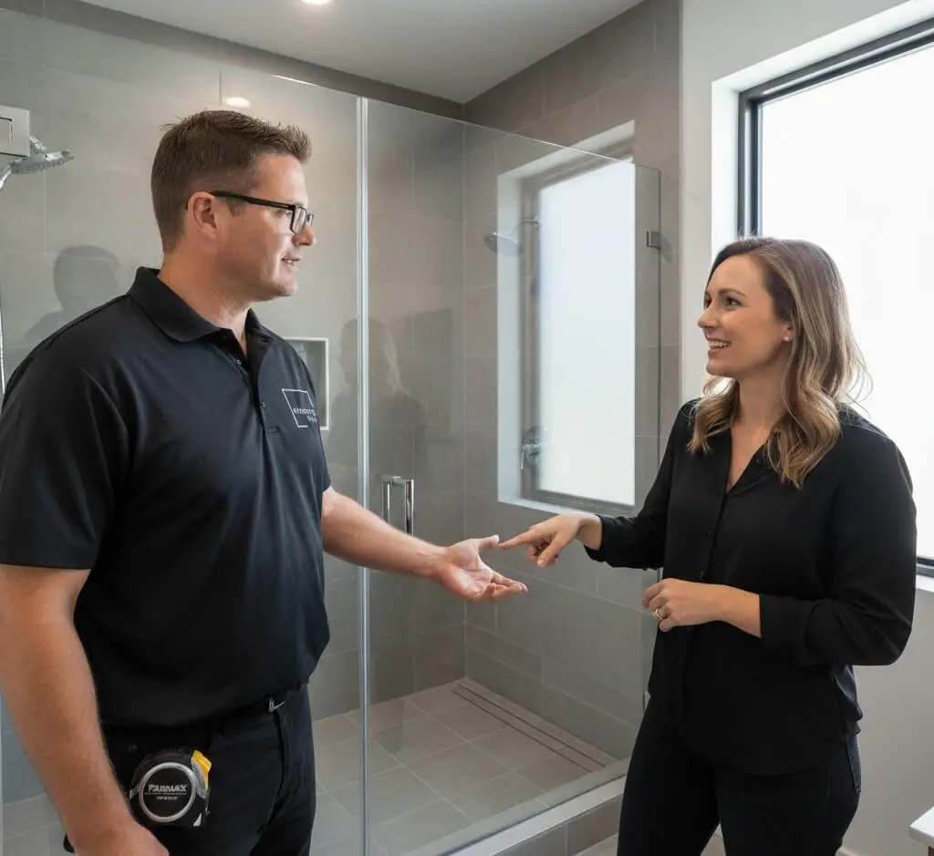 ProActive expert measuring a custom glass shower door for a residential client in Kelowna